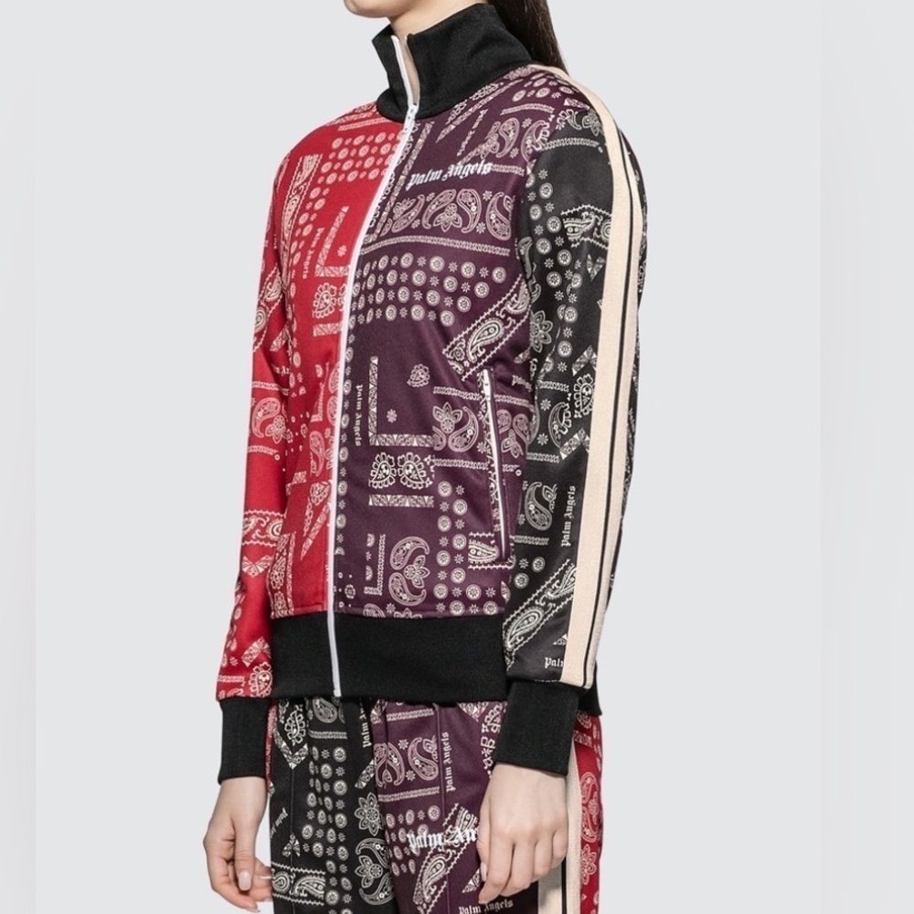 Palm Angels Bandana Track Jacket Zip Up Maroon & Red, Striped Sleeves XL Unisex